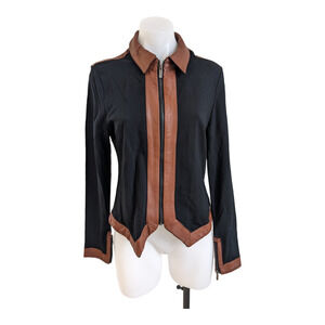 Jonathan Saunders Size Large Faux Leather Trim Jacket Black Brown Full Zip